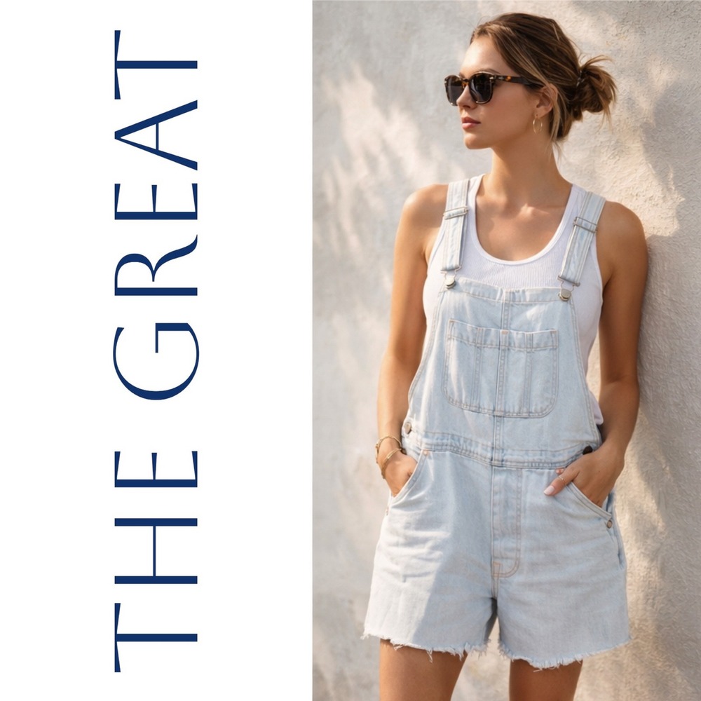 THE GREAT NWT The Cut Off Overall Light Wash Denim Short Overalls Raw Hem Size 2 - Picture 4 of 15